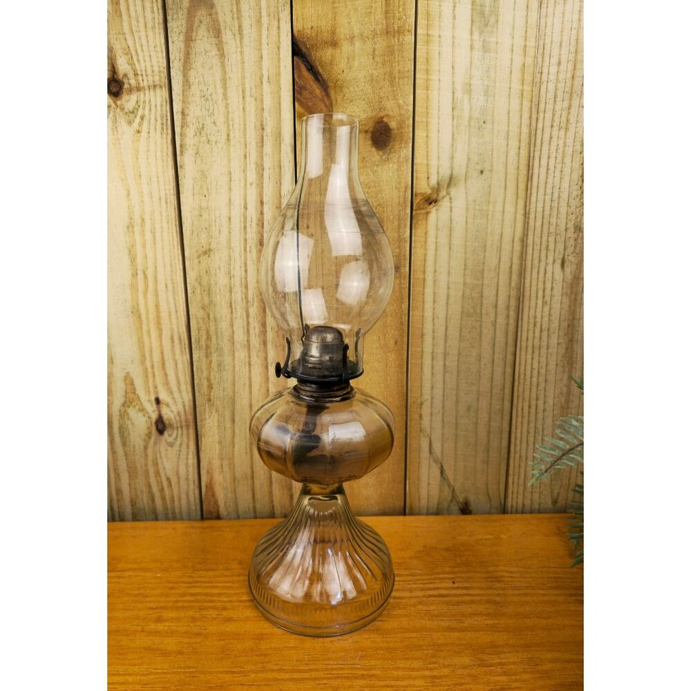 Vintage Glass Oil Lamp With Fluted Base & Chimney